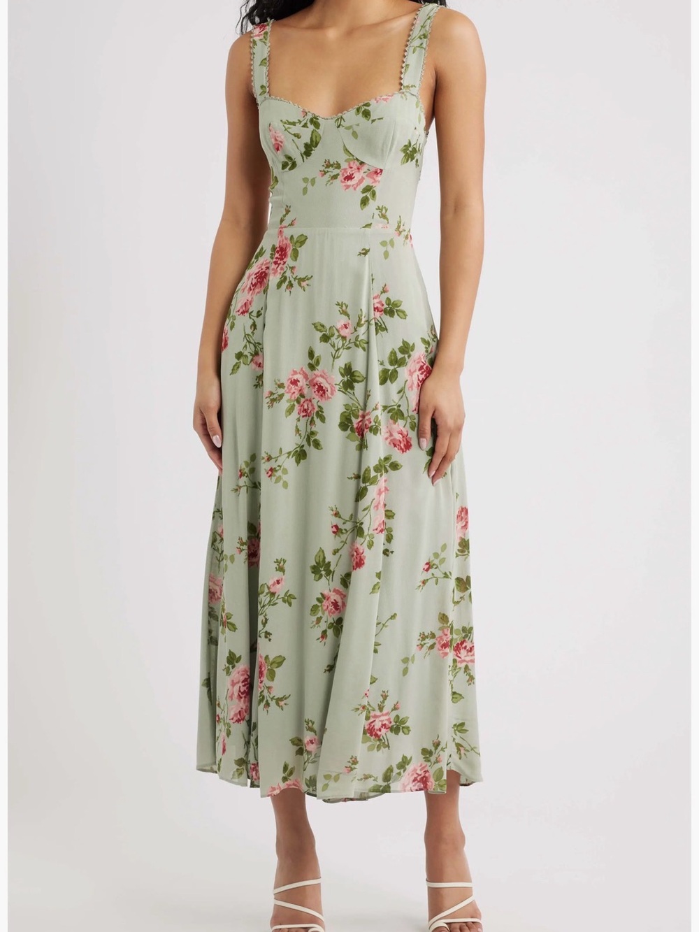 Reformation Lela Dress Size 8 Floral Sweetheart Midi Dress in Sage Green